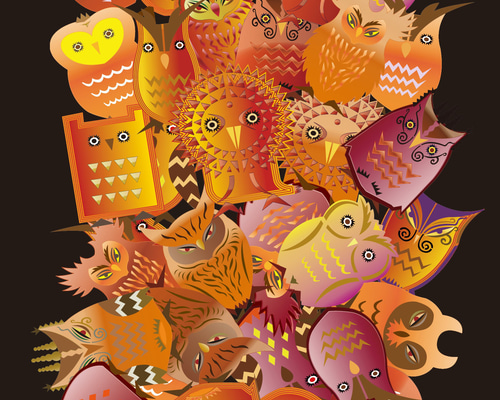 デジタル版画「茶色のフクロウ万華鏡」A4 イラスト キャンドルアート