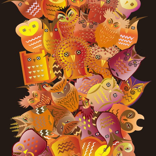 デジタル版画「茶色のフクロウ万華鏡」A4 イラスト キャンドルアート