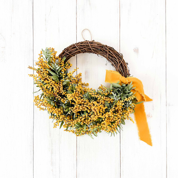 ミモザドライフラワーハーフリース ◇ミモザのリース◇ミモザ◇ナチュラルリース◇リース◇フラワーリース