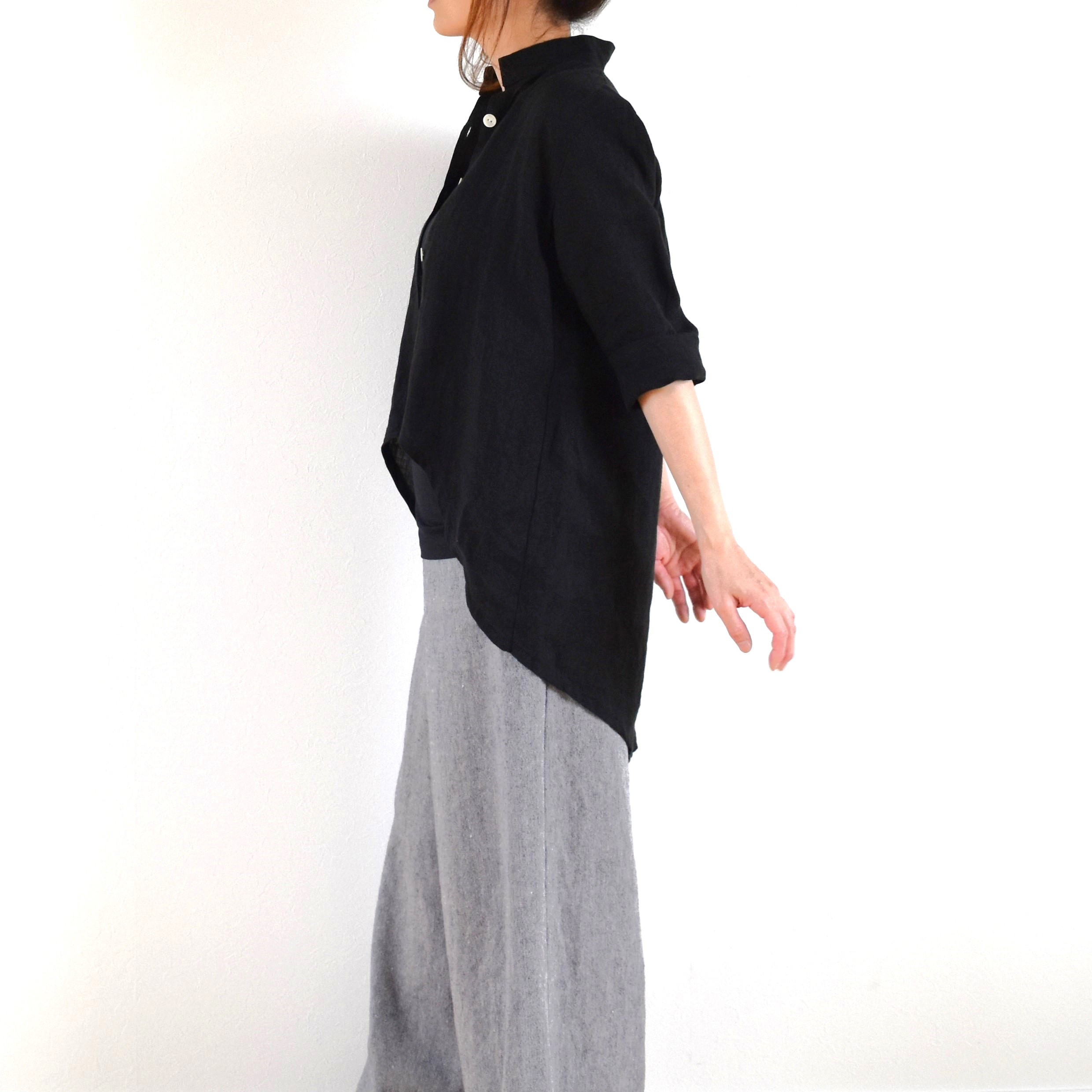 やわらかリネン100％ 前後差丈 シャツ ブラウス/black 黒 ブラック