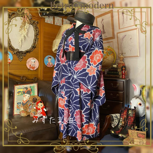 竺仙 浴衣 リメイク コーマ地 ワンピース ハンドメイド ロング 紺 葡萄