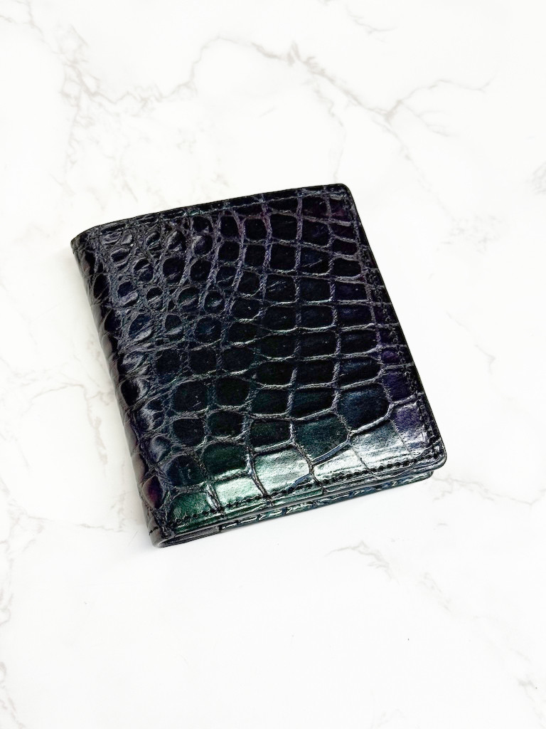 日本製　クロコダイル　ヴィンテージ仕上げ　超薄型スマート　コンパクト　ウォレット　カードケース　ミニ財布