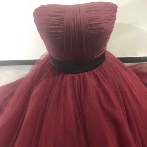 ボルドーカラードレス オフショルダーの2WAYドレス ソフトチュール  