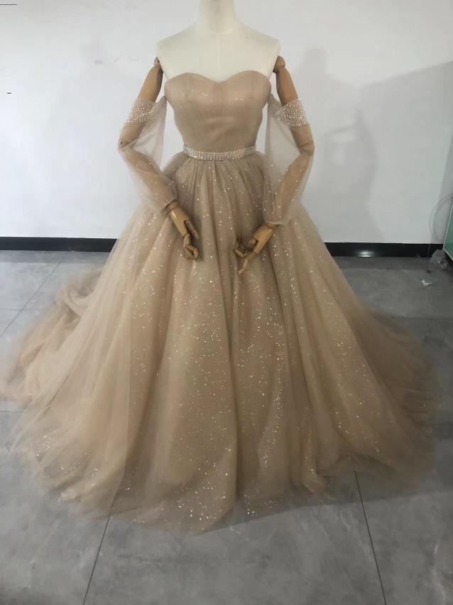 カラードレス 薄シャンパンの色 ベアトップ キラキラグリッターチュール 結婚式 可愛い