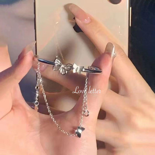 バタフライチェーン2連ブレスレット シルバー 韓国 蝶々 地雷