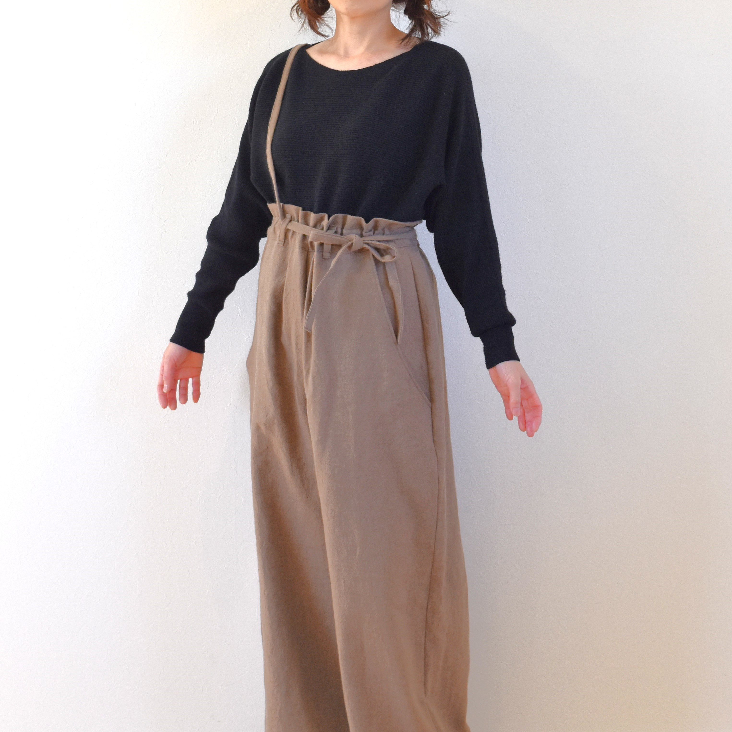 ウールリネン ウエスト ギャザー ワイドパンツ ロング丈/モカ ベージュ