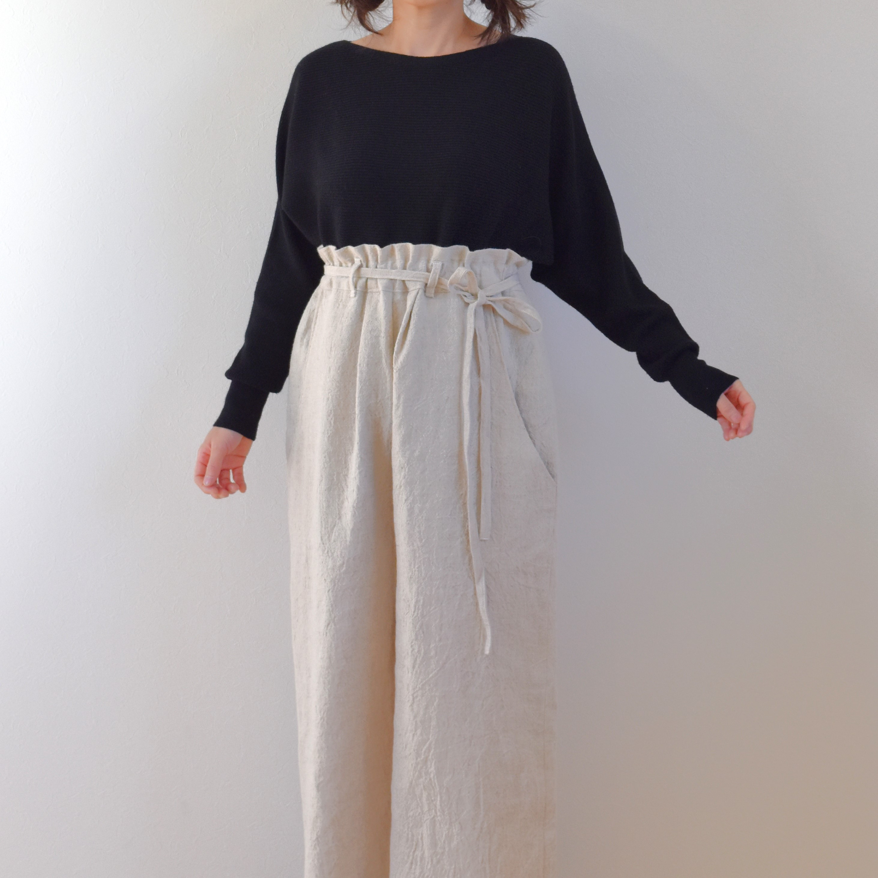 ウールリネン ウエスト ギャザー ワイドパンツ ロング丈/生成 オフホワイト