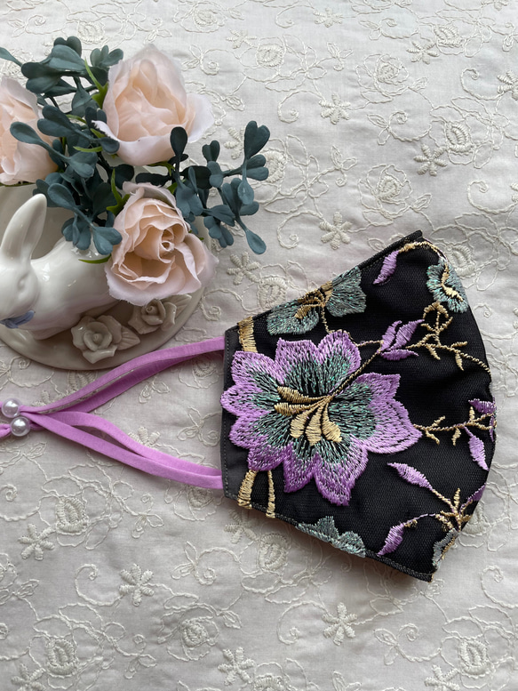 【刺繍レースマスク】艶ラメ♡ライラックパープル　抗菌加工　3サイズ 5枚目の画像