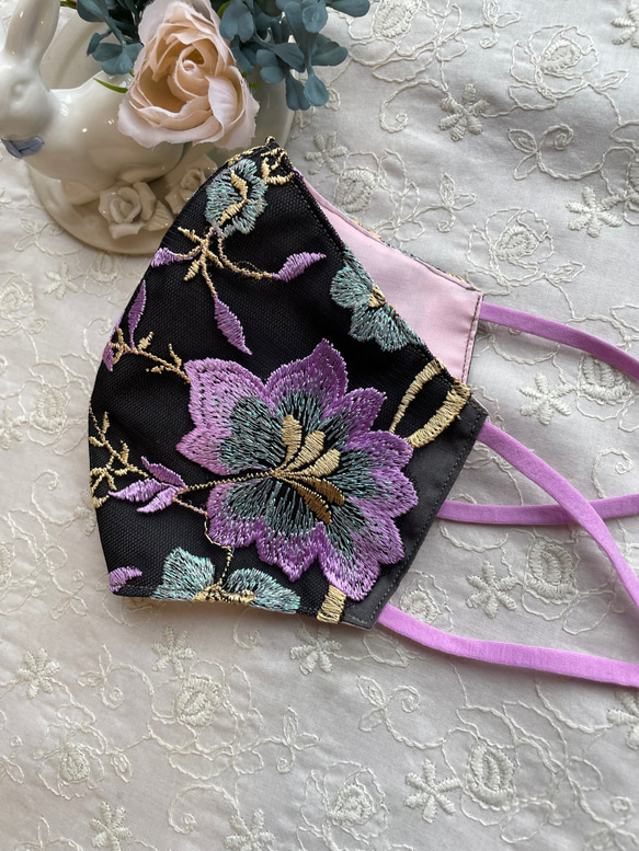 【刺繍レースマスク】艶ラメ♡ライラックパープル　抗菌加工　3サイズ 6枚目の画像