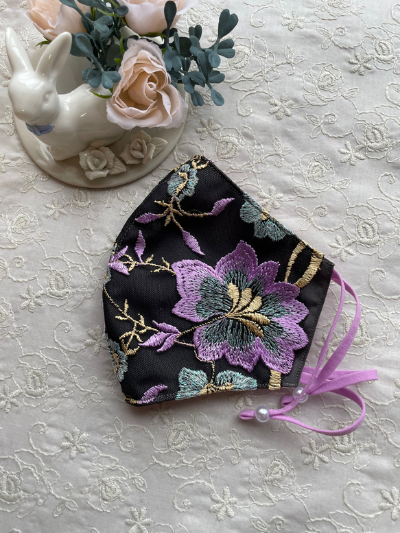 【刺繍レースマスク】艶ラメ♡ライラックパープル　抗菌加工　3サイズ 4枚目の画像