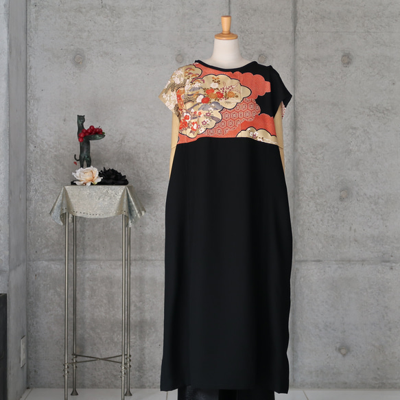黒留ワンピース   フリーサイズ　 　着物リメイク　 kimono 4枚目の画像