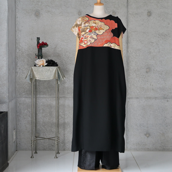 黒留ワンピース   フリーサイズ　 　着物リメイク　 kimono 1枚目の画像