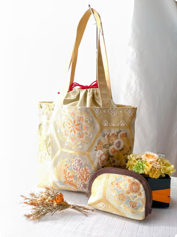 着物正絹帯リメイクハンドバッグ&ポーチ No.06 金糸・桔梗・菊・鳳凰