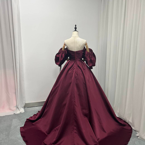 オケージョンドレス　ボルドー 送料無料！カラードレス 取り外し袖 ボルドー色 ファスナー 光沢サテン