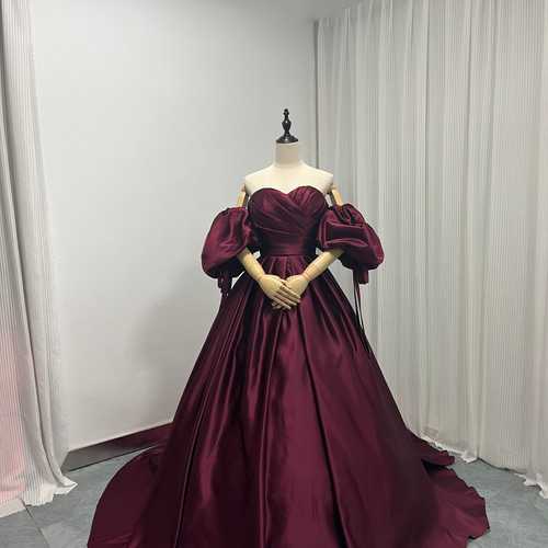 送料無料！カラードレス 取り外し袖 ボルドー色 ファスナー 光沢サテン