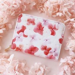 【早割2000円OFF】母の日ギフト『ピンク紫陽花柄』押し花レザーミニ財布 3枚目の画像