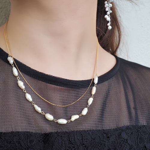 ライス型》淡水パール 2連 ネックレス ゴールド 華奢見え お呼ばれ  