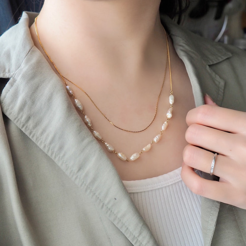 ライス型》淡水パール 2連 ネックレス ゴールド 華奢見え お呼ばれ  