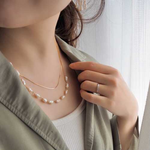 ライス型》淡水パール 2連 ネックレス ゴールド 華奢見え お呼ばれ