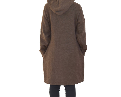 ウールリネン ロング丈 フード パーカー/brown チョコレートブラウン