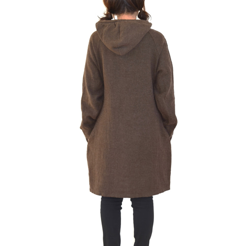 ウールリネン ロング丈 フード パーカー/brown チョコレートブラウン