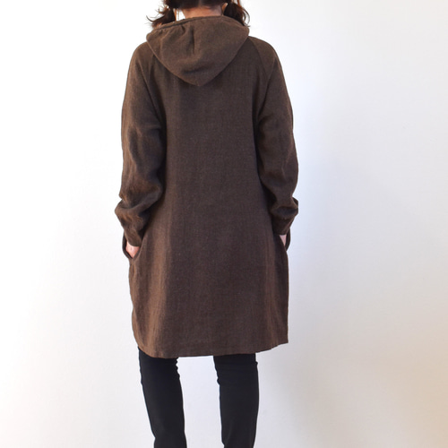 ウールリネン ロング丈 フード パーカー/brown チョコレートブラウン