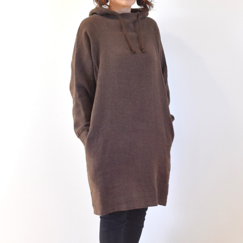 ウールリネン ロング丈 フード パーカー/brown チョコレートブラウン
