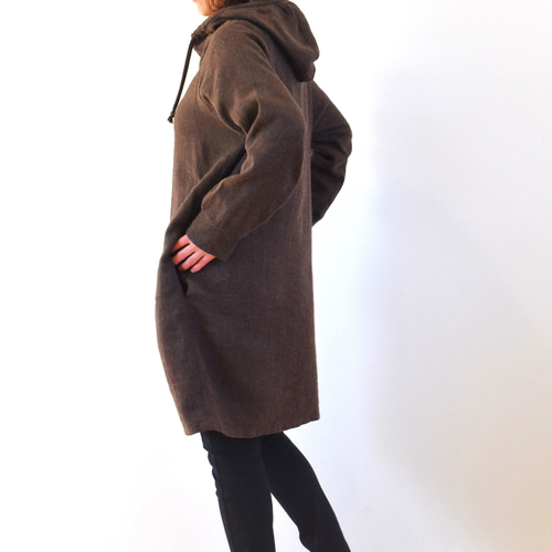 ウールリネン ロング丈 フード パーカー/brown チョコレートブラウン
