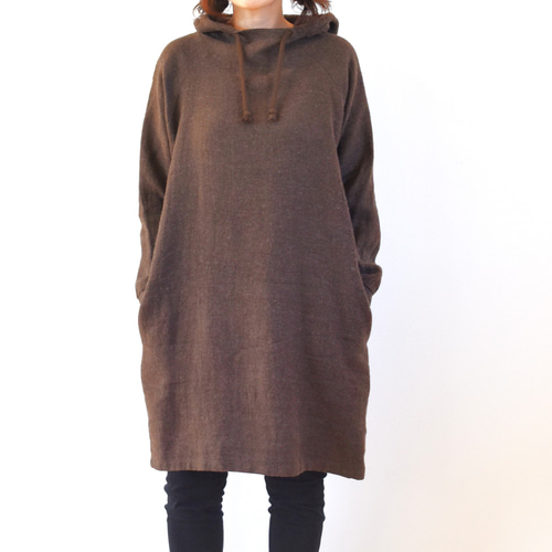 ウールリネン ロング丈 フード パーカー/brown チョコレートブラウン