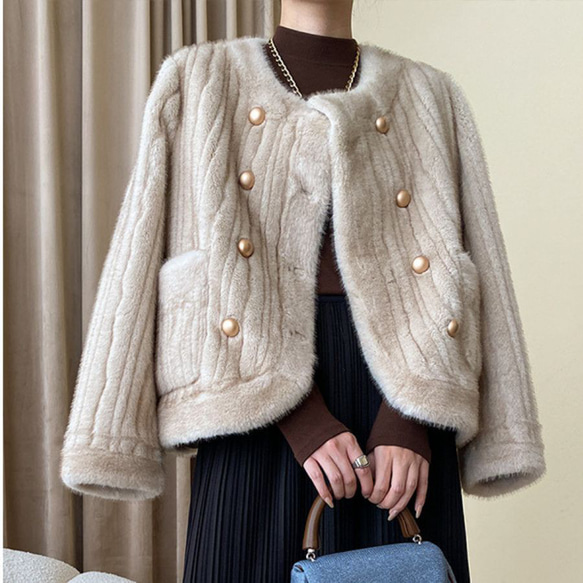 ファーレザーコート ジャケット 春 ゴール デザイン感 お嬢様