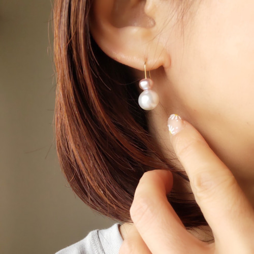 k14gf揺れないフックピアス イヤリング 淡水ツインパール ピンク