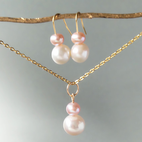 k14gf揺れないフックピアス イヤリング 淡水ツインパール ピンク