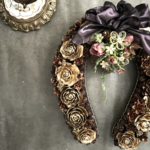 エレガント馬蹄リース ハンドメイド木の実リース ギフト ハンドメイド