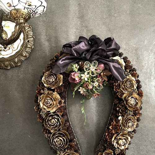 エレガント馬蹄リース ハンドメイド木の実リース ギフト ハンドメイド