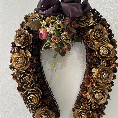 エレガント馬蹄リース ハンドメイド木の実リース ギフト ハンドメイド