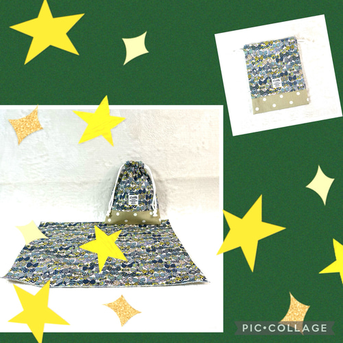 蝶々柄×ドット柄の給食袋とランチマットのセット＊260306c 巾着