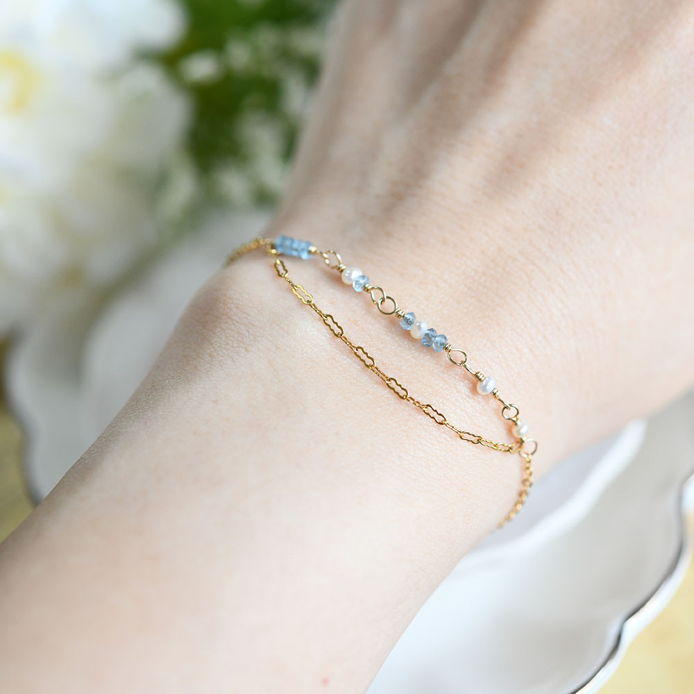 オリジナル アクアマリンとプチパールの2連風ブレスレット 3月 6月誕生石