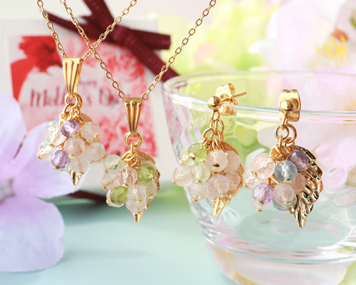 4月誕生石 紫陽花モルガナイト ネックレス ピアス イヤリング 母の日