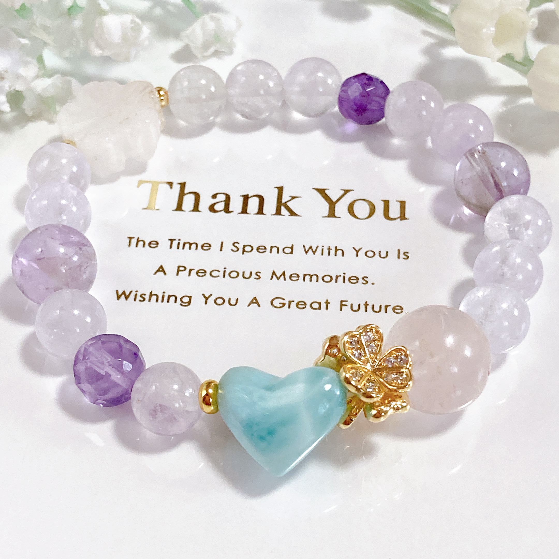 ラリマーハート大粒ローズクォーツお花天然石ブレスレット