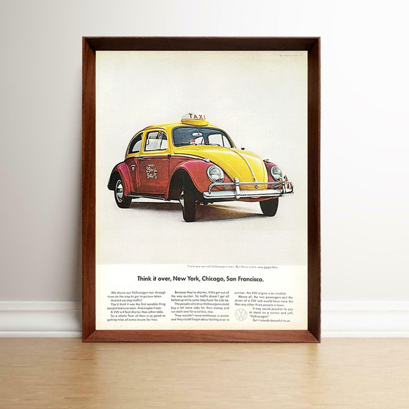 フォルクスワーゲン ビートル タクシー 1960年代 フランス ヴィンテージ 雑誌 広告 額付 ポスター 1枚目の画像