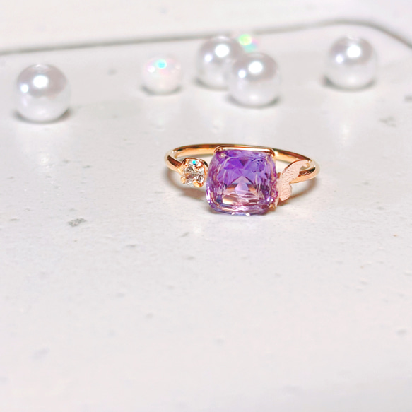 大粒 天然アメジスト 約1.8ct 24KGP 蝶飾り付 デザインリング 指輪 