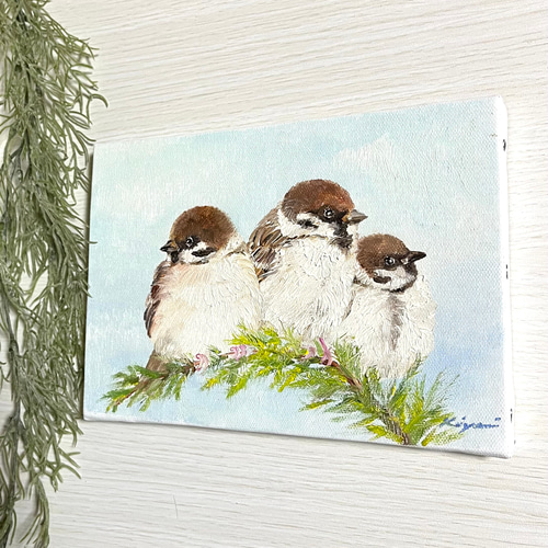 キャンバス油絵　専用　芽吹きとすずめたち キャンバス油絵専用芽吹きとすずめたち