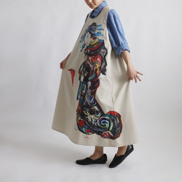 新作　手描きART　ジャポニスム　浮世絵　花魁図　着物　絵画　ワンピース　ゆったり　ジャンパースカート　U32 5枚目の画像