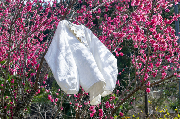 【草木染め】自然を纏うフリルブラウス｜梅の花柄 10枚目の画像
