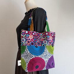 アフリカ布  紫ドットと波紋柄❤トートバッグ ハンドバッグ 1枚目の画像