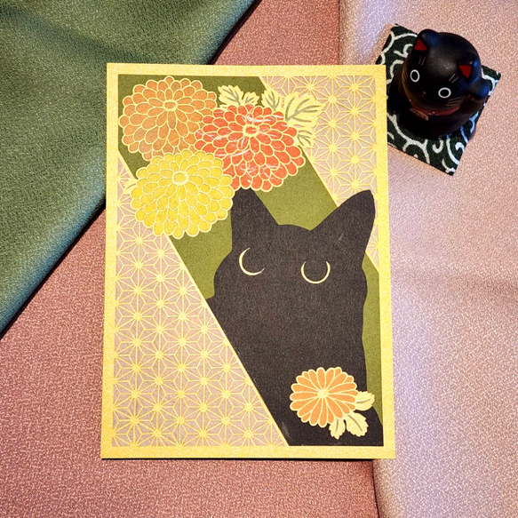 黒猫と和柄 切り絵アート 2L判 (レトロ) 2枚目の画像