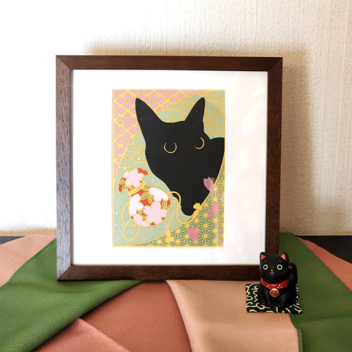 黒猫と和柄 切り絵アート 2L判 (桜巾着) 切り絵 黒にゃんHOUSE