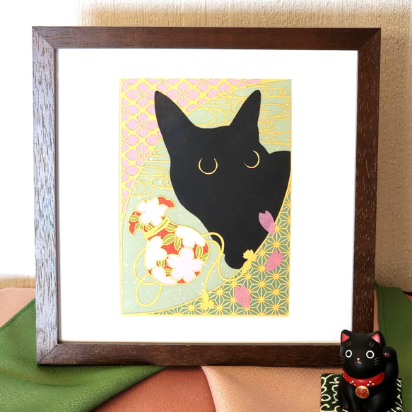 黒猫と和柄 切り絵アート 2L判 (桜巾着) 2枚目の画像
