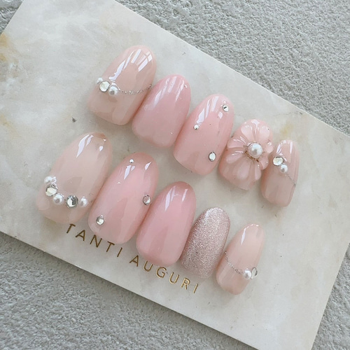 パール ストーン ピンク色 ネイルチップ 春 ガーリー ぷっくり