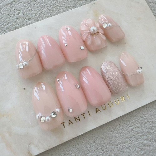 パール ストーン ピンク色 ネイルチップ 春 ガーリー ぷっくりフラワー